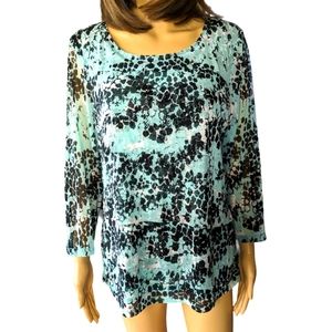 Alfani semi sheer, light, turquoise & black/w layered/tiered 3/4 sleeve blouse